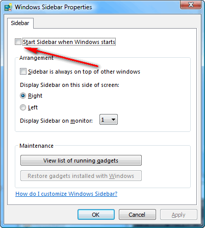 Uncheck the box which says "Start Sidebar then Windows starts". Note that you can also keep the sidebar on top of other windows, but I don't recommend it.